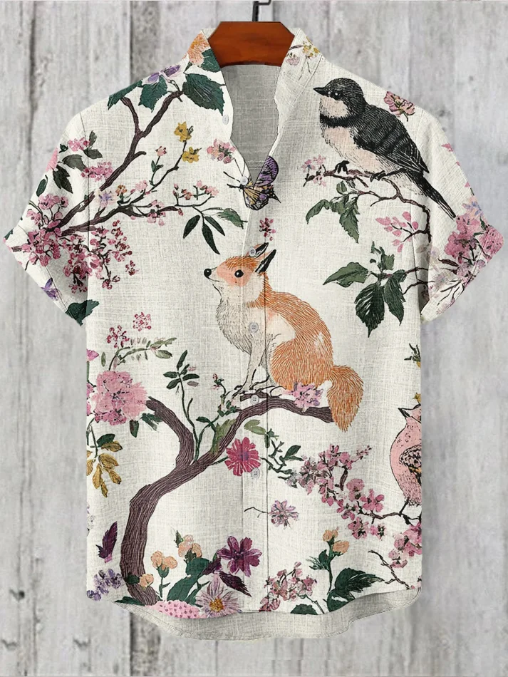 Men's Hawaii Vacation Squirrels Birds Butterflies Flowers Print Casual Shirt
