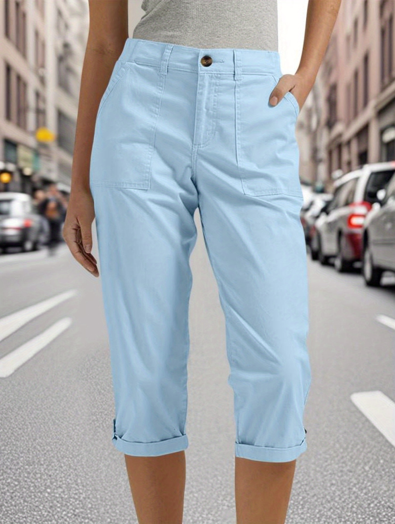 Women's High-Waisted Cargo Pants - Elastic Waist Stretch Capri Pants, Light Blue Formal & Casual Trousers, Machine Washable Non-Transparent Work Pants For Everyday & Special Occasions, Versatile Clothing, Durable Trousers, Elegant Style, Stretchy Fabric | IFYHOME