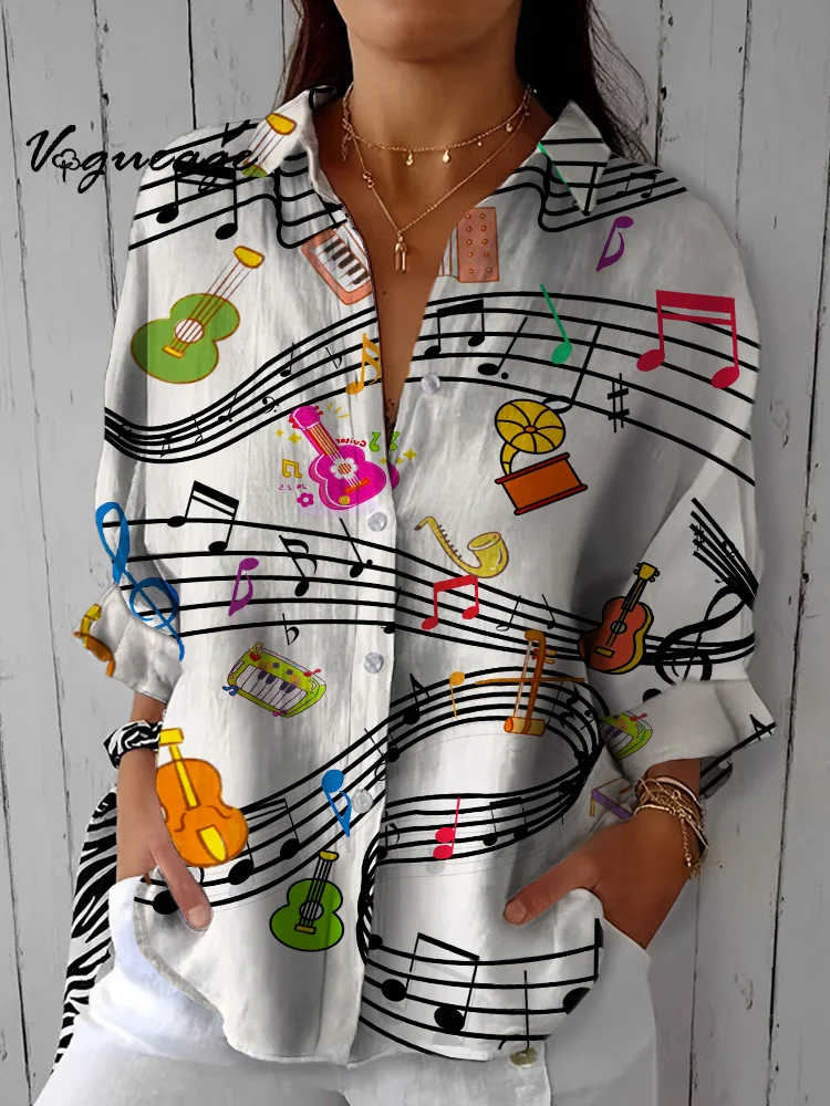 Simple And Stylish Staves And Musical Instruments Printed Cotton And Linen Shirt