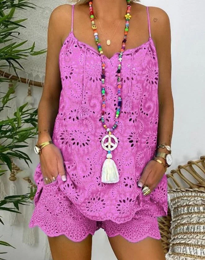 Wongn Wongn Sleeveless Drawstring Flounce Cut Out Vest Embroidered Shorts With Cotton Suit