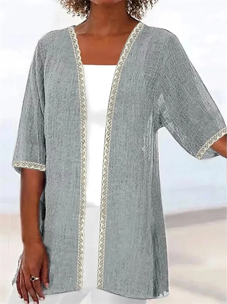 Women Half Sleeve Scoop Neck Solid Lace Cardigan Tops