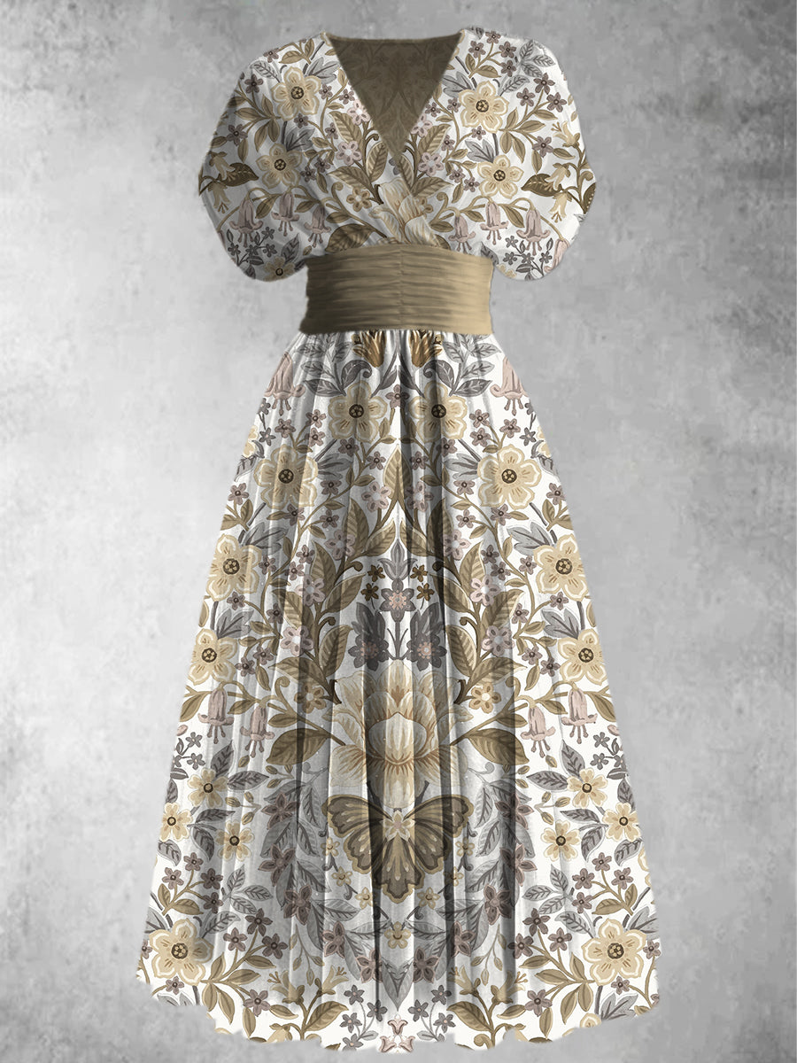 Retro Boho Floral Print Elegant V-Neck Chic Short Sleeve Maxi Dress