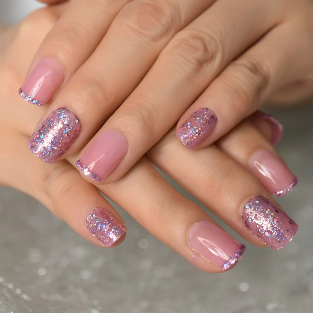 Agreedl Pink Nude Fake Nails Acrylic Glitter Press On Nails Short Length Sequins Holo Jelly Gel Glossy Full Cover False Nail Tips