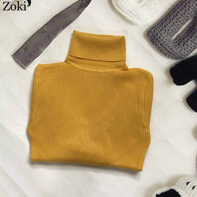 Zoki Soft Women Turtleneck Sweater Autumn Long Sleeve Elastic Female Knitted Jumper Casual Pullover Slim Winter Basic Tops 2021