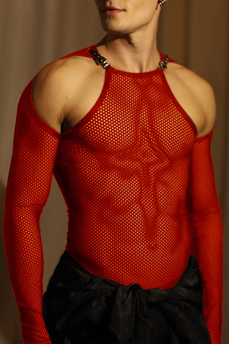 See Through Fishnet Open Shoulder Red Top