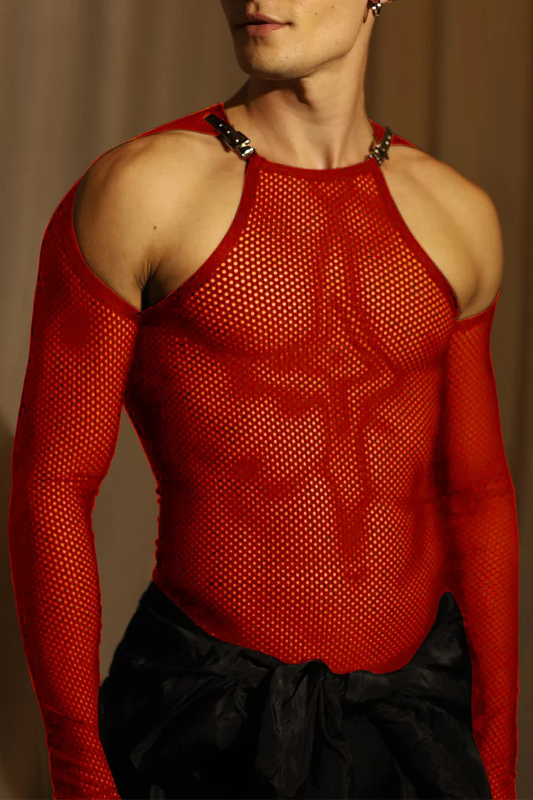See Through Fishnet Open Shoulder Long Sleeve Red Top