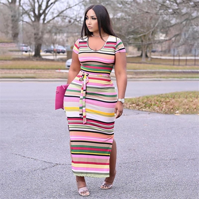 4xl Plus Size Dress Woman Wholesale Elegant Sexy Slip Hem with Belt Ribbing Bodycon Maxi Dresses for Women Summer Dropshipping