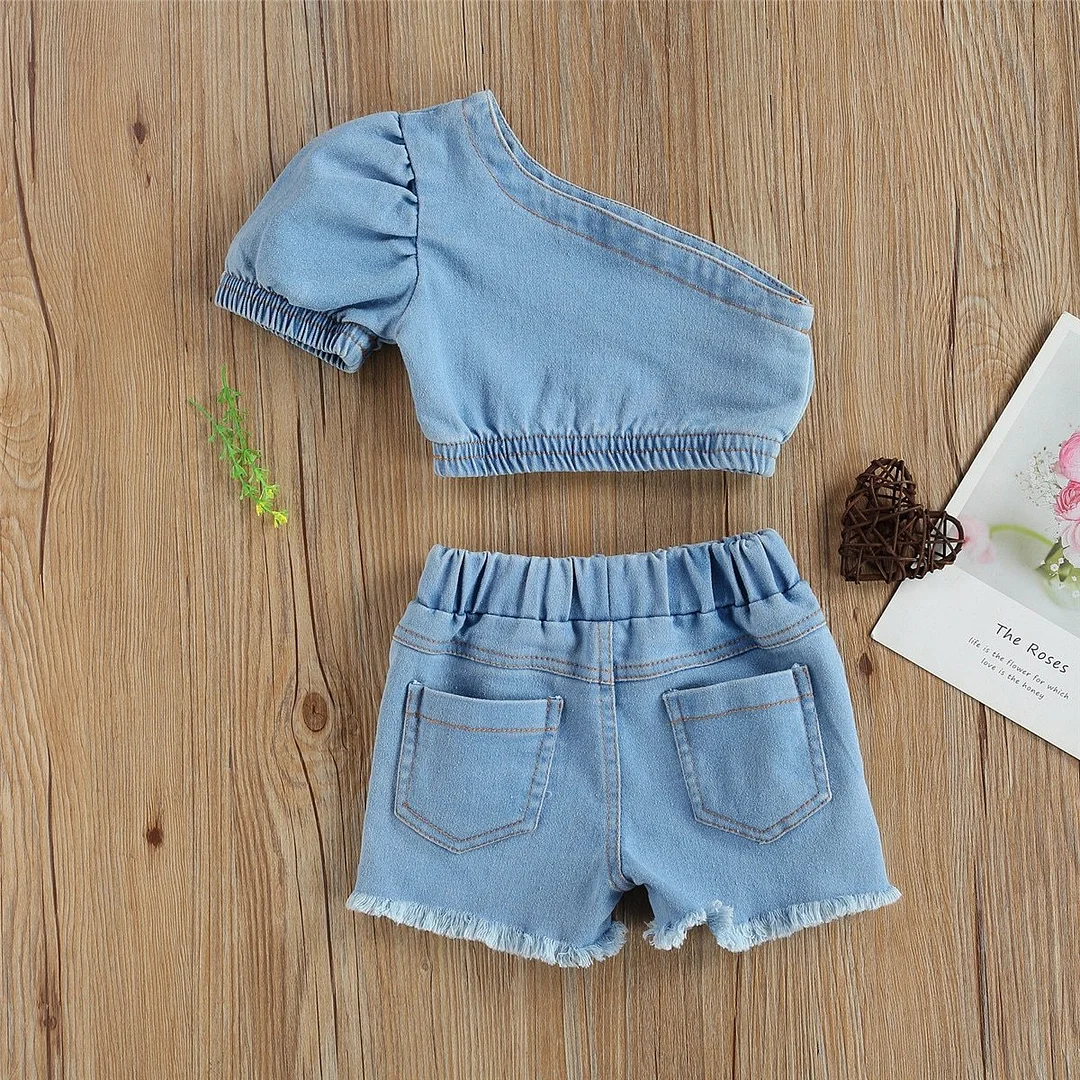 2021 Baby Summer Clothing Girl Two Piece Set, Kid Single Shoulder Crop Tops Shirt Ripped Denim Shorts With Pockets for Children