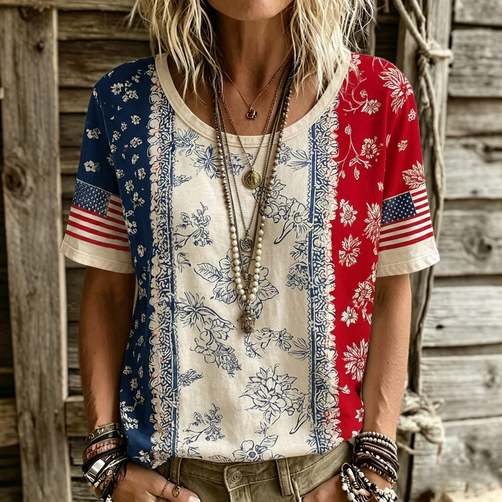 Comstylish Women's Retro Independence Day Flag And Floral Print Casual Crew Neck T-shirt