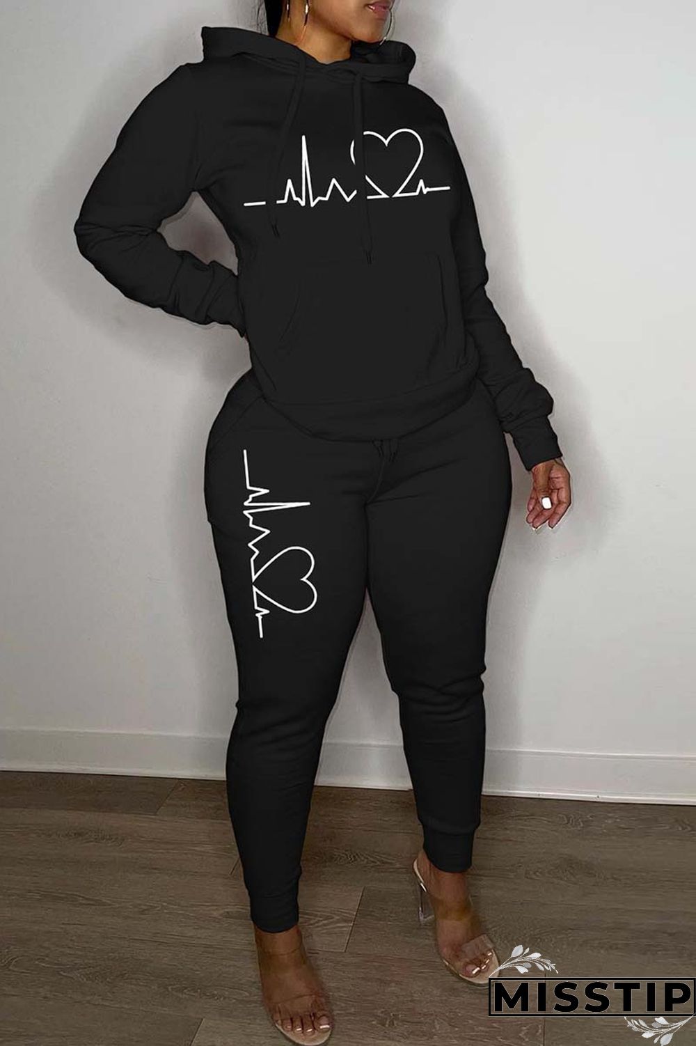 Black Casual Print Basic Hooded Collar Long Sleeve Two Pieces