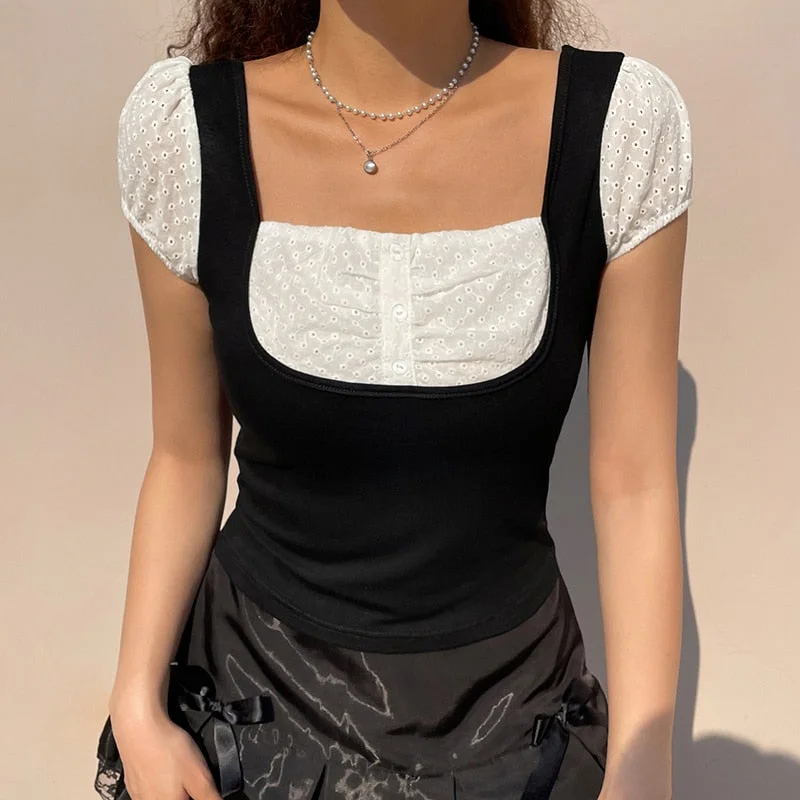 Rapcopter y2k y2k Patchwork Crop Top Cute Sweet T Shirt Short Sleeve Summer New Pullovers Basic Harajuku Tshirt Women Korean 90s