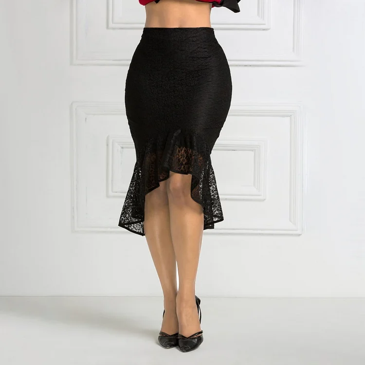 Sexy Black Lace Gothic Skirts Woman Empire Waist Elastic Retro Pencil Asymmetrical XXL XL Big Size Jupe Women's Fashion 2022 QueenFunky