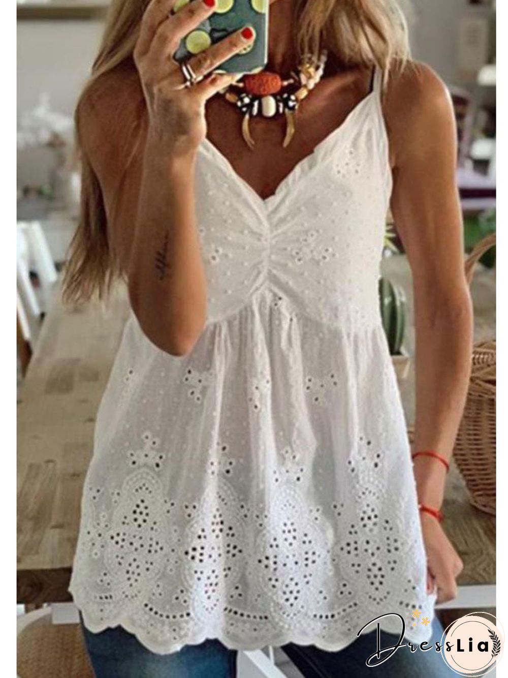 White V Neck Cotton-Blend Casual T-shirt