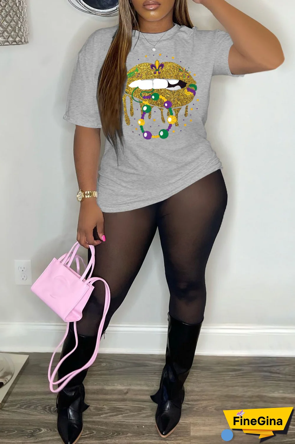 Grey Party Vintage Lips Printed Patchwork O Neck T-Shirts