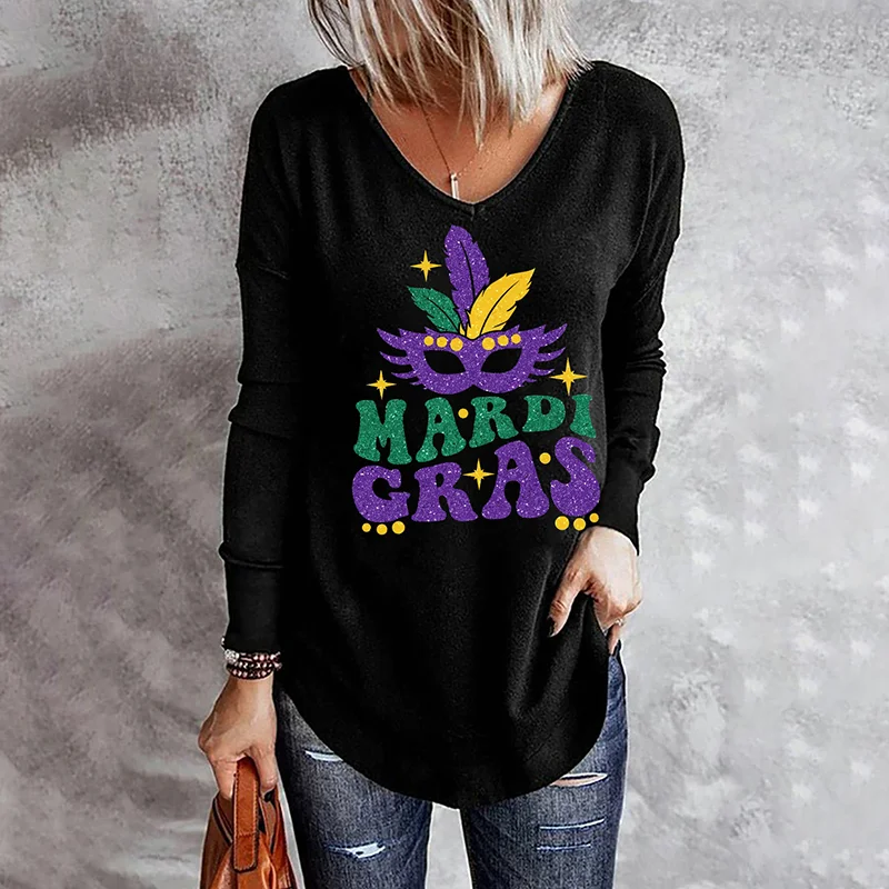 Mardi Gras Solid None V Neck T-Shirt