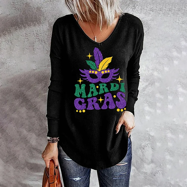 Comstylish Mardi Gras Solid None V Neck T-Shirt