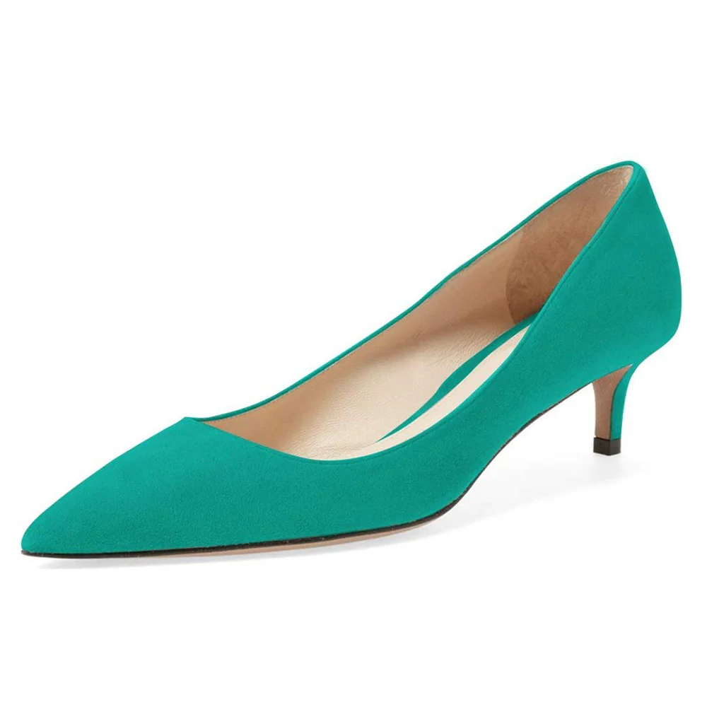 Women's Turquoise Vegan Suede Shoes Pointed Toe Kitten Heels