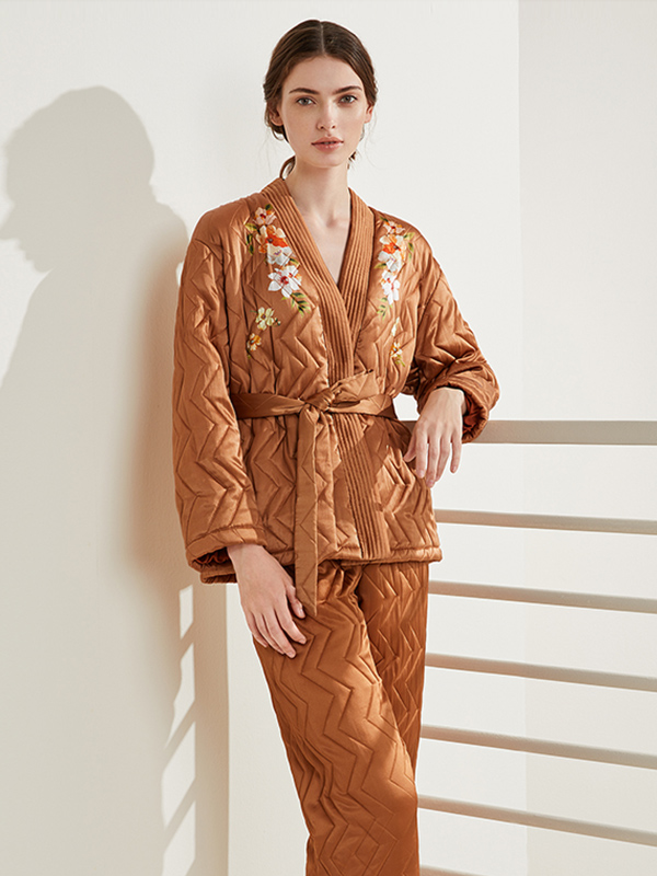 25 MOMME Pyjama en soie orange florale épais d'hiver 1