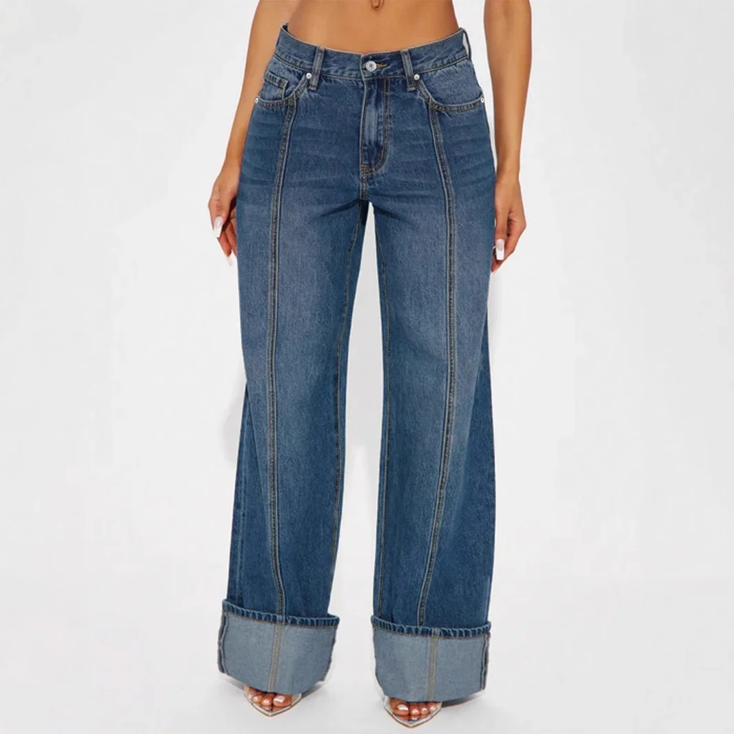 Women's Blue Denim Jeans Straight Casual Loose Wide Leg Jeans Boyfriend Style