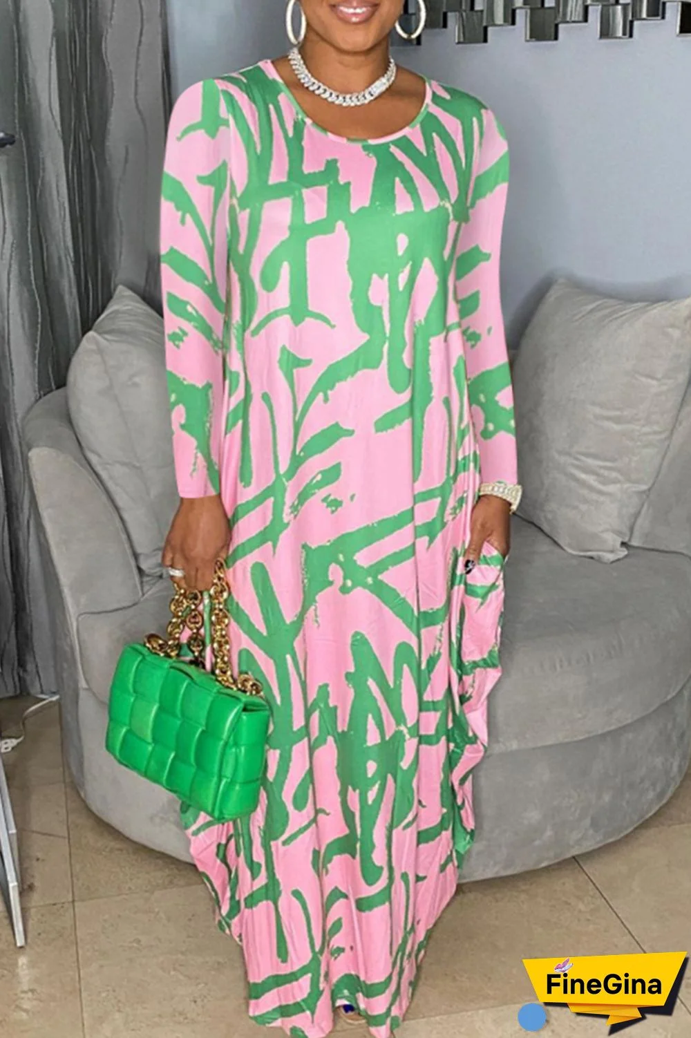 Khaki Casual Print Patchwork O Neck Long Sleeve Dresses