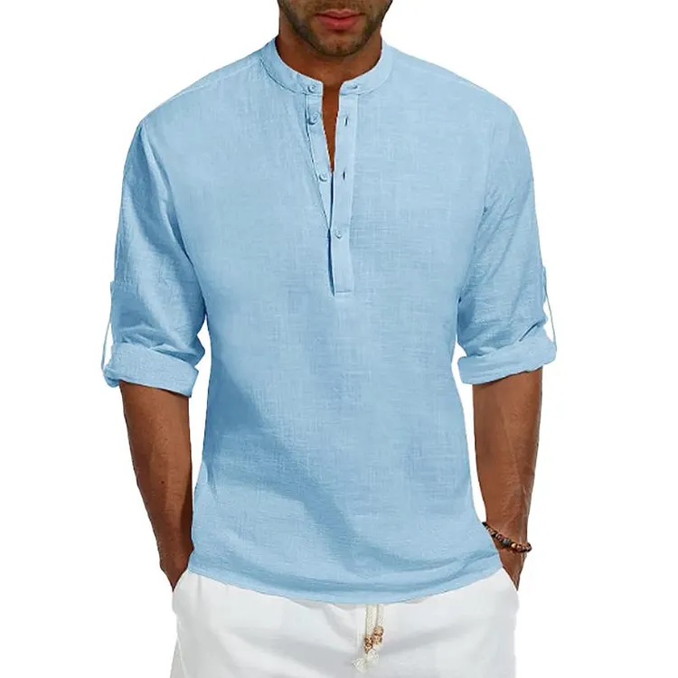 Men's Solid Linen Stand Collar Rolled Sleeve Casual Shirt 53415549Z