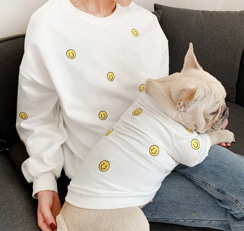 Matching Pet Owner Set for Pets Cat Dog Parent Happy Smiley Face Embroidery Sweaters Twinning Sweatshirt Set