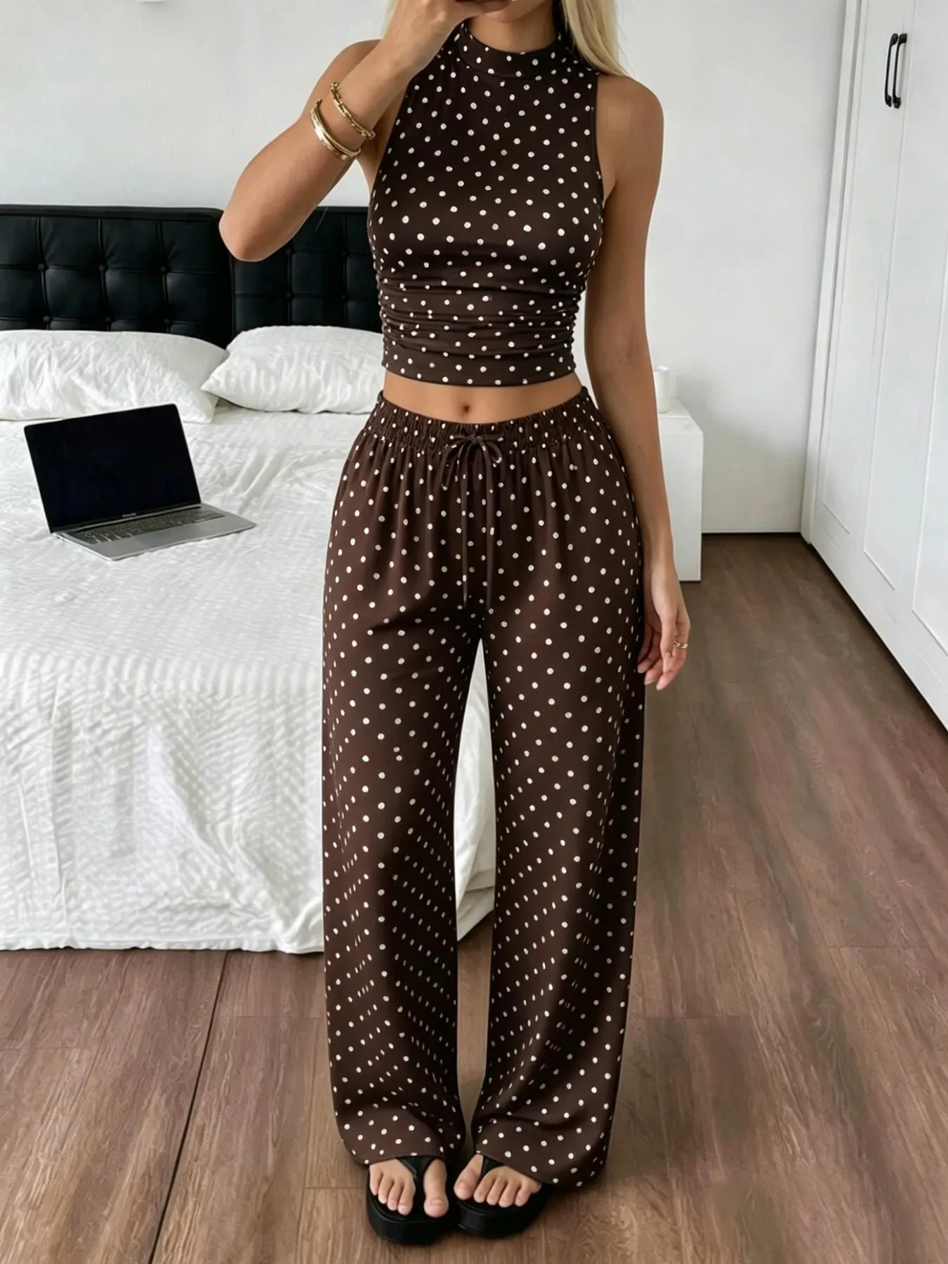 2 Pack Women's Polka Dot Loungewear Set, Sleeveless High Neck Crop Top & Wide Leg Pants, Clean Girl Style Minimalist Summer Outfits with Drop Waist, Slim Fit Lingerie Outfit for Daily Wear & Casual Lounging