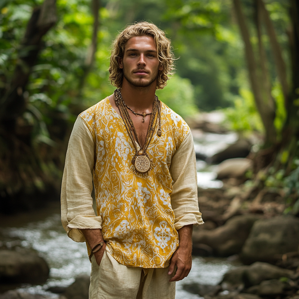 Men's Bohemian Holiday Style Vintage Printed Casual Long Sleeve Top-inspireuse