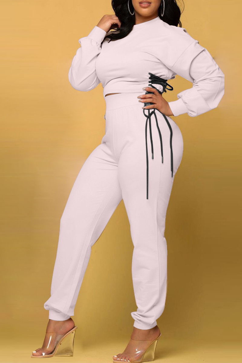 Light Pink Casual Solid Draw String O Neck Long Sleeve Two Pieces | EGEMISS