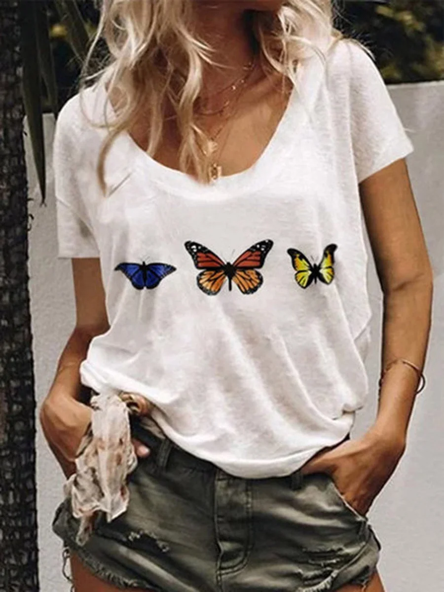 Scoop Neck Butterfly Printed T-shirt