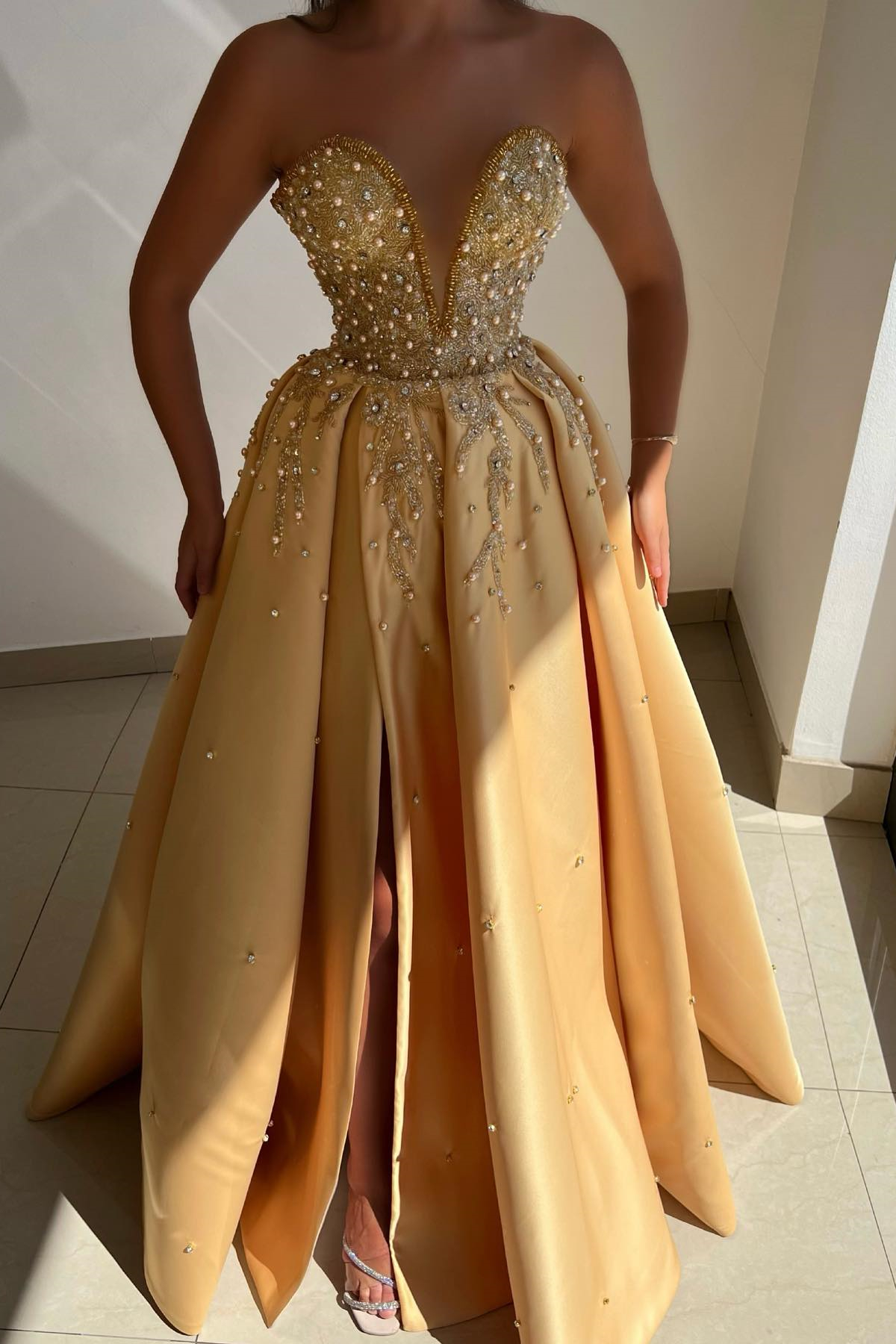 Bellasprom Champagne V-Neck Sleeveless A-Line Prom Dress Appliques Pearls With Split Bellasprom