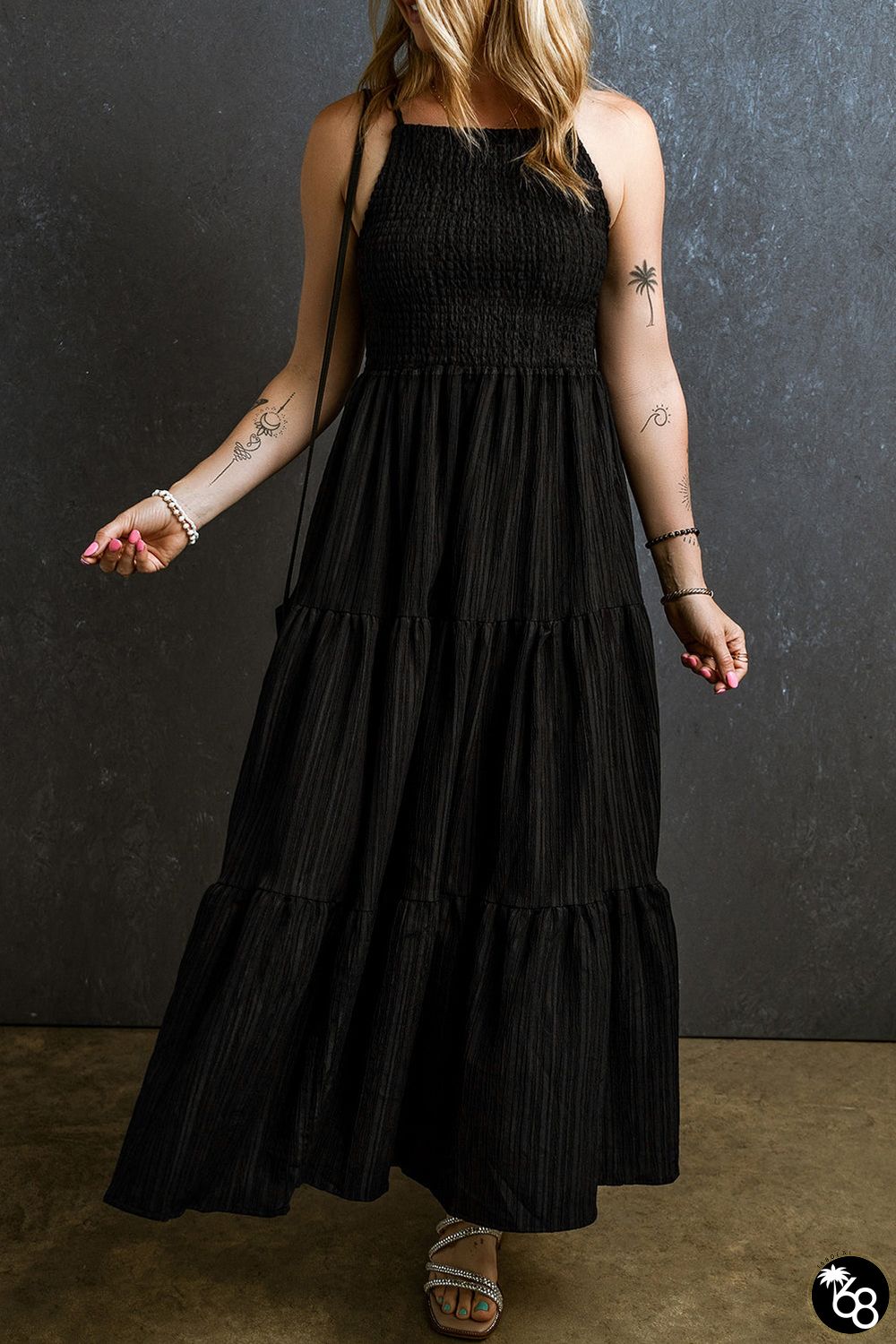 Black Spaghetti Straps Smocked Pleated Tiered Maxi Dress | 168DEAL