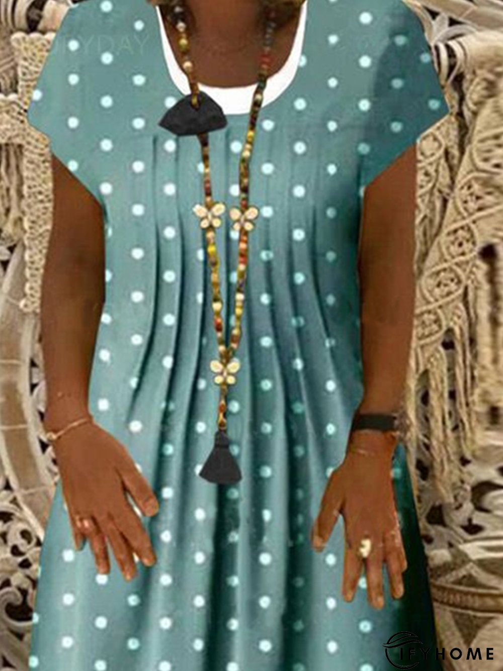 Crew Neck Short Sleeve Casual Polka Dots Weaving Dress | IFYHOME