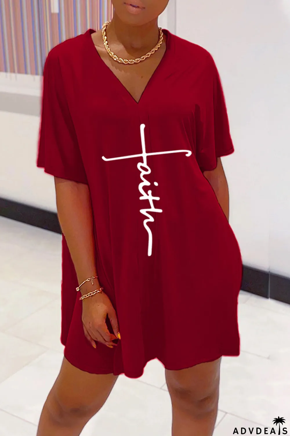 Tangerine Red Casual Print Split Joint V Neck Short Sleeve Two Pieces