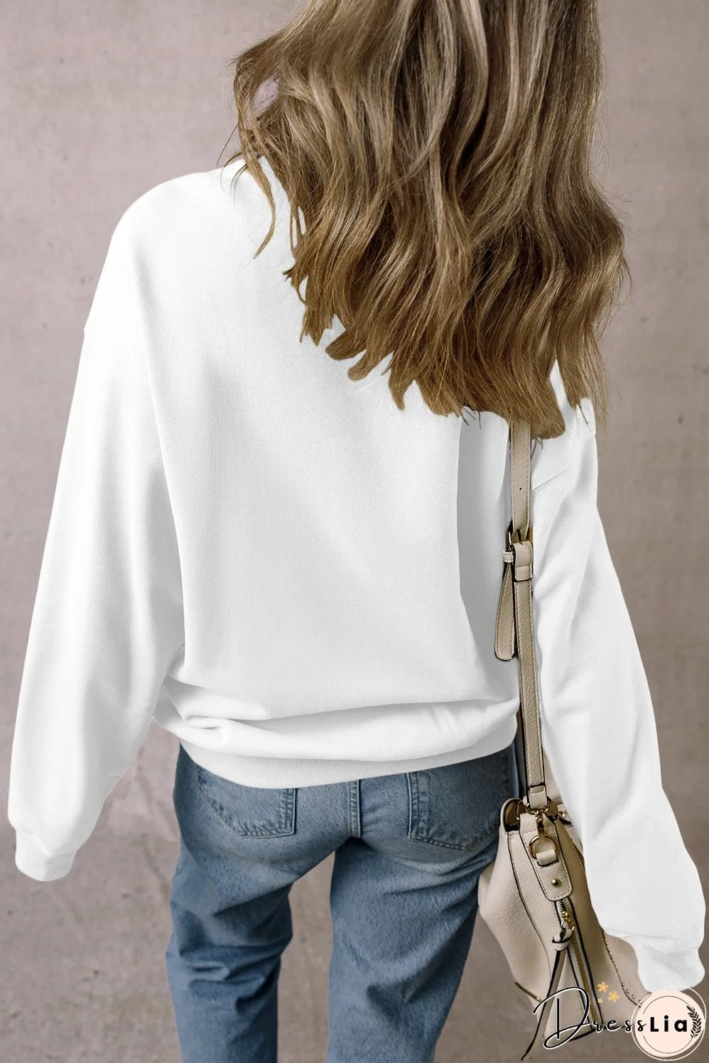 White Solid Loose Crew Neck Fleece Sweatshirt