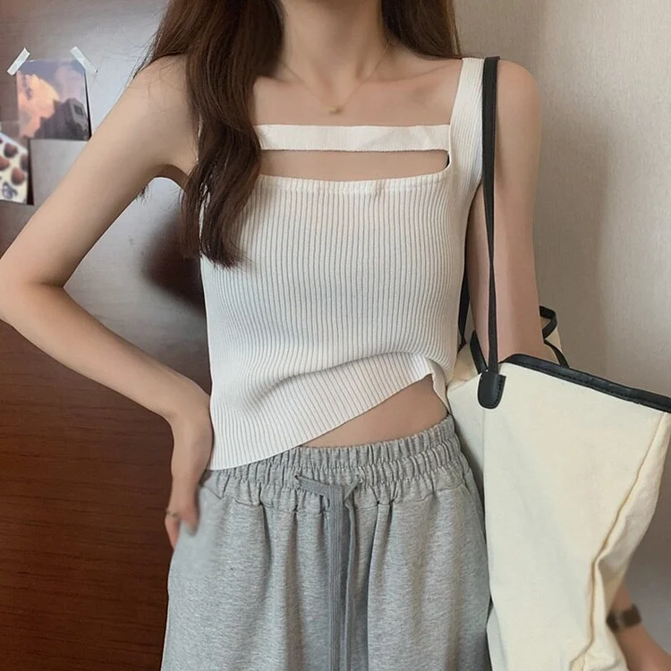 Xsxweb Summer Tank Tops Women Knitted Camisole Tank Tops Backless Cropped Tops Sexy Slim Camis Sleeveless Undershirts