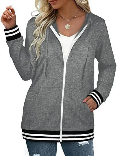 Women's Plain Zip Hooded Striped Sweatshirt Long Sleeve Jacket Top