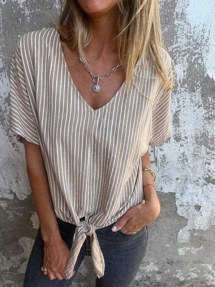 Cotton and Linen V-neck Striped Top