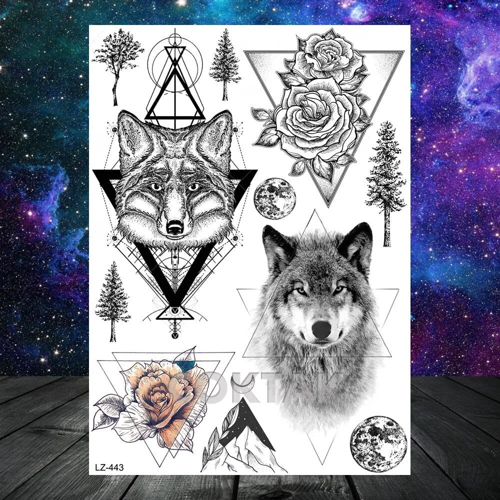 Geometric Skull Temporary Tattoos For Men Women Realistic Fake Wolf Gangster Tattoos Sticker Outer Space Planets Tatoos Washable