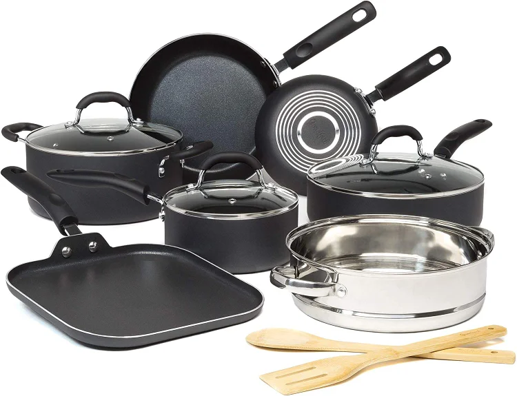 Cookware Set with Premium Non-Stick. Dishwasher Safe Pots and Pans. Tempered Glass Steam Vented Lids. Stainless Steel Steamer. and Bamboo Cooking Utensils Set. 12-Piece. Charcoal Gray