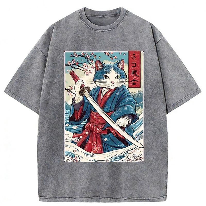 Japanese Cat Samurai Washed T-shirt artswardrobe