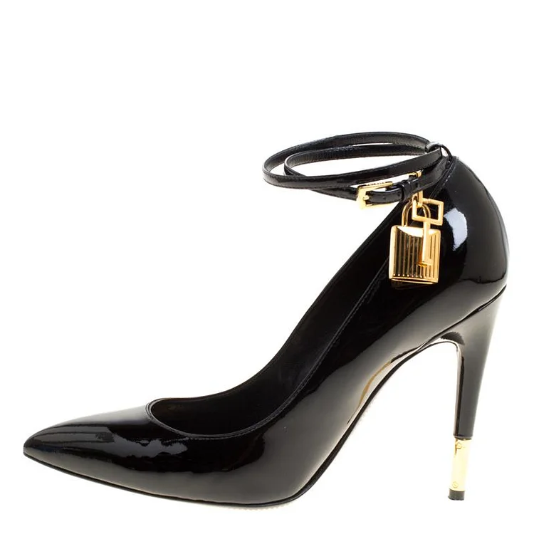 Black Patent Leather Stiletto Heels Padlock Ankle Strap Pumps |FSJ Shoes
