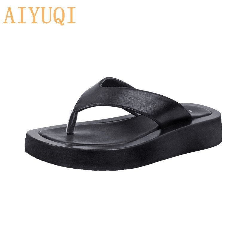 AIYUQI Women's Slippers Outdoor 2021 Summer New Genuine Leather  Flip-flops Women Anti-skid Trend Pinch Beach Slides Ladies