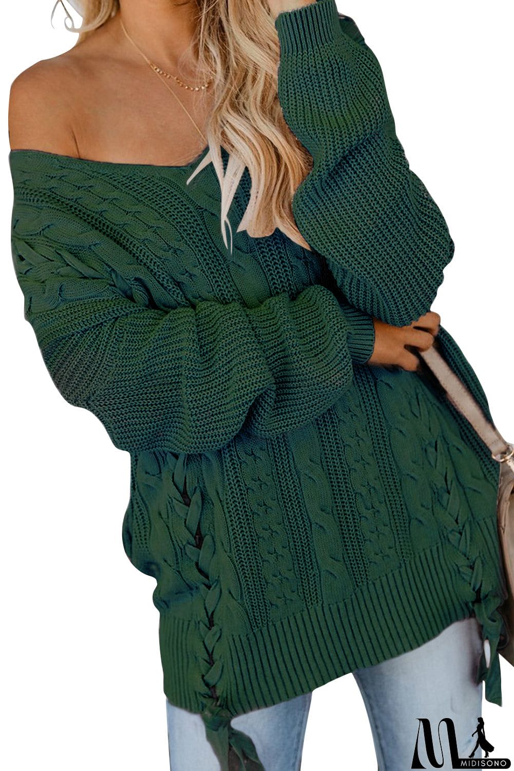 MidiSono - Love Letters Cable Knit Lace Up Sweater