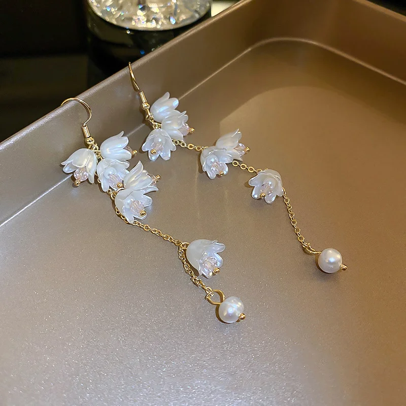 Crystal Orchid Bell Flower Pearl Tassel Earrings