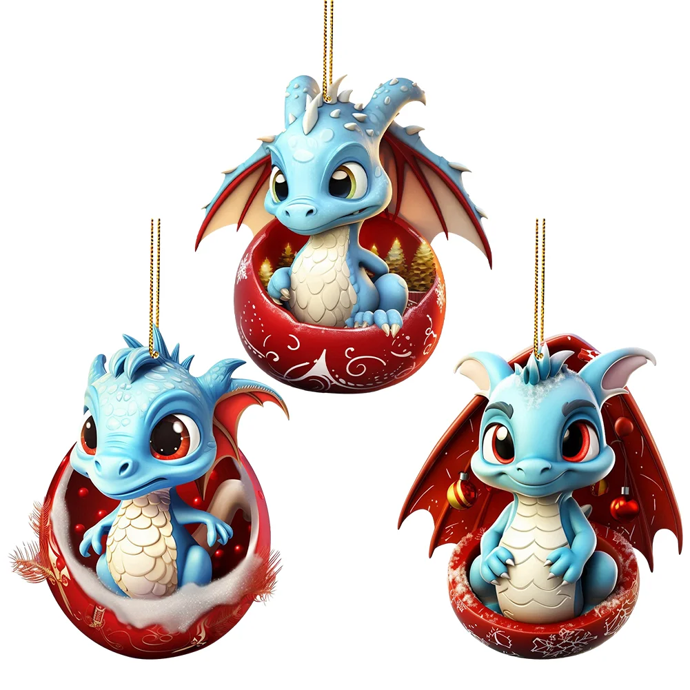 3 PCS Acrylic Flying Dragon Baby 2D Flat Christmas Tree Car Hangings Ornament