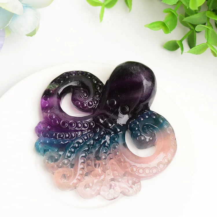 3.3" Rainbow Fluorite Octopus Crystal Carving