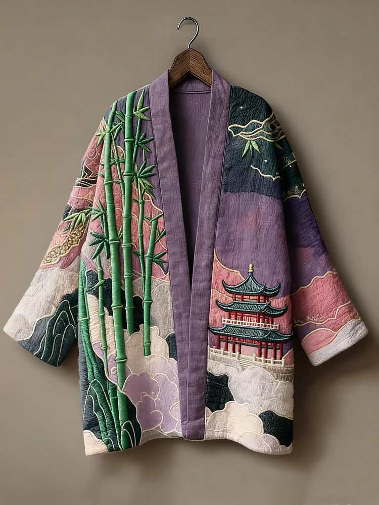 Oriental art landscape painting three-dimensional embroidery linen kimono cardigan
