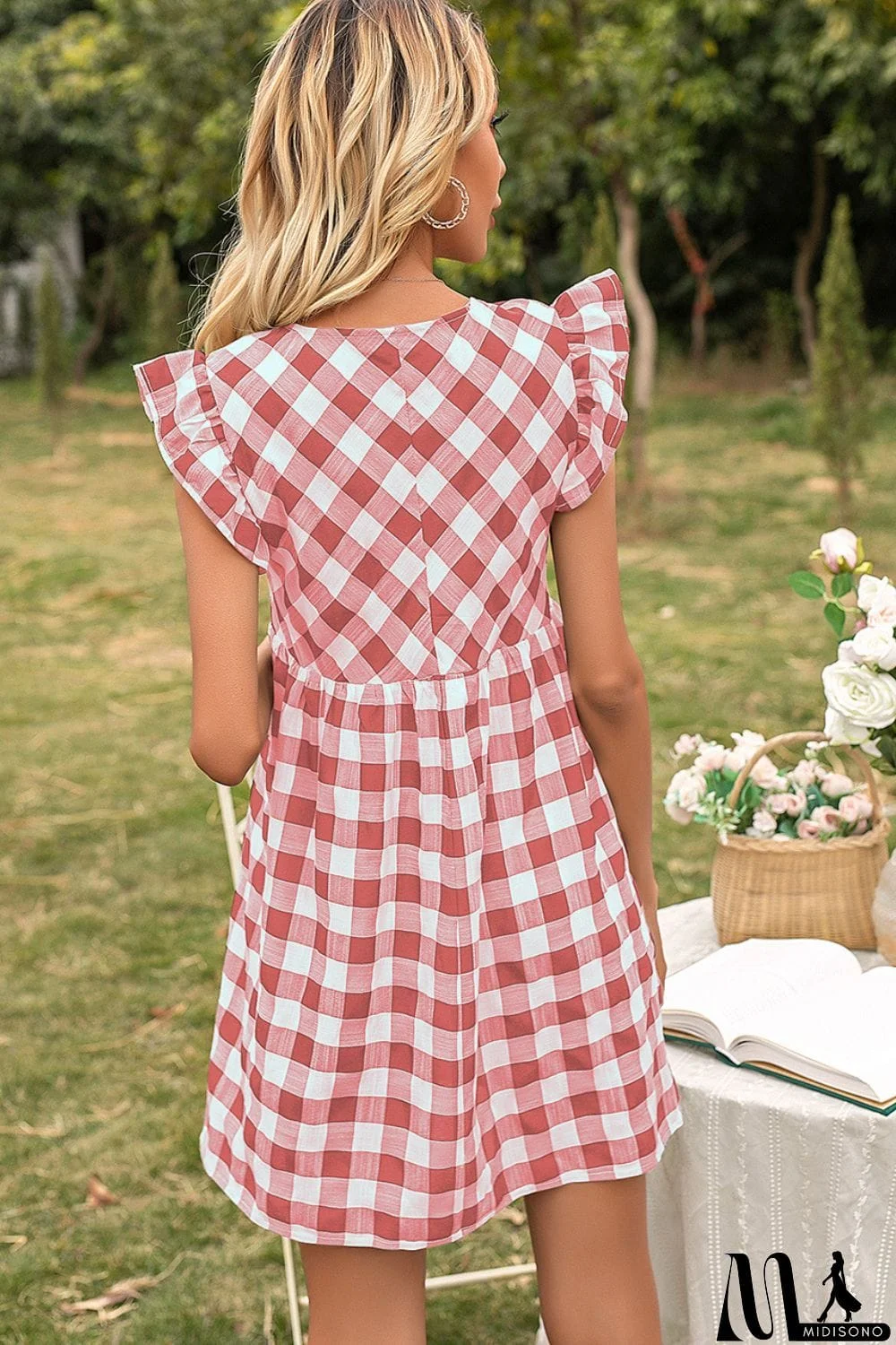 MidiSono - Plaid Butterfly Sleeve Deep V Dress