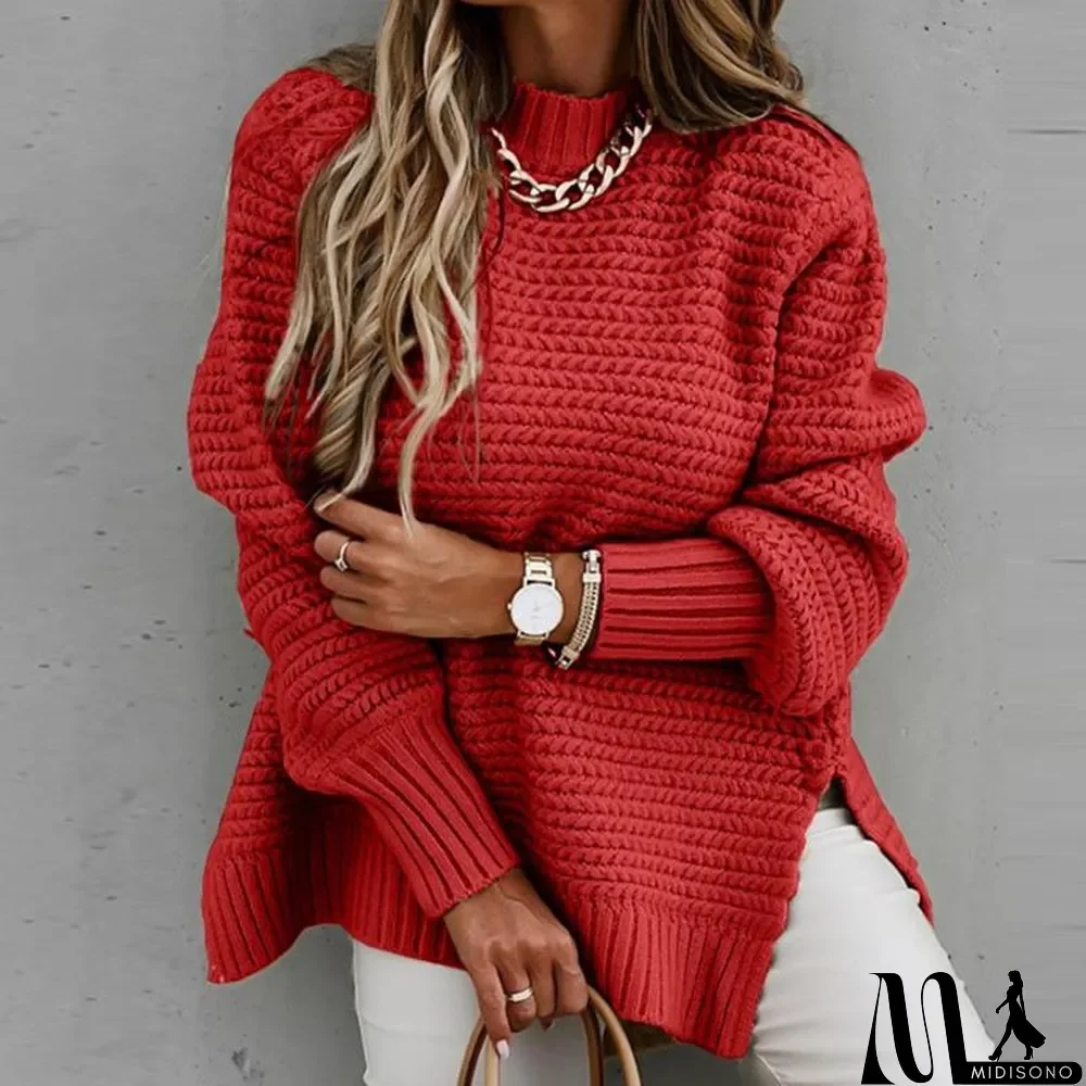 MidiSono - Autumn And Winter New Semi-High Collar Loose Solid Color Long-Sleeved Sweater Women
